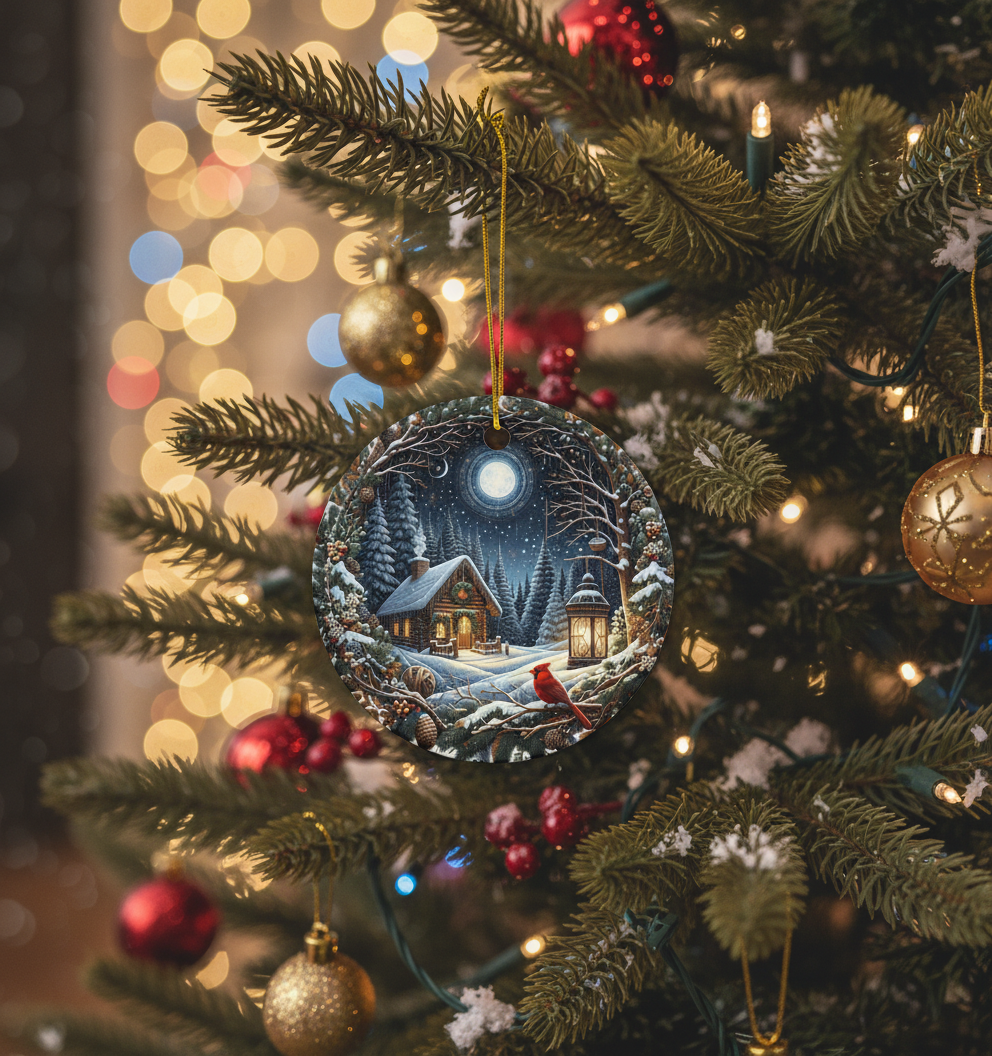 [2D FLAT ACRYLIC] Red Cardinal Winter Scene Christmas Ornament – Ceramic Keepsake Holiday Decoration