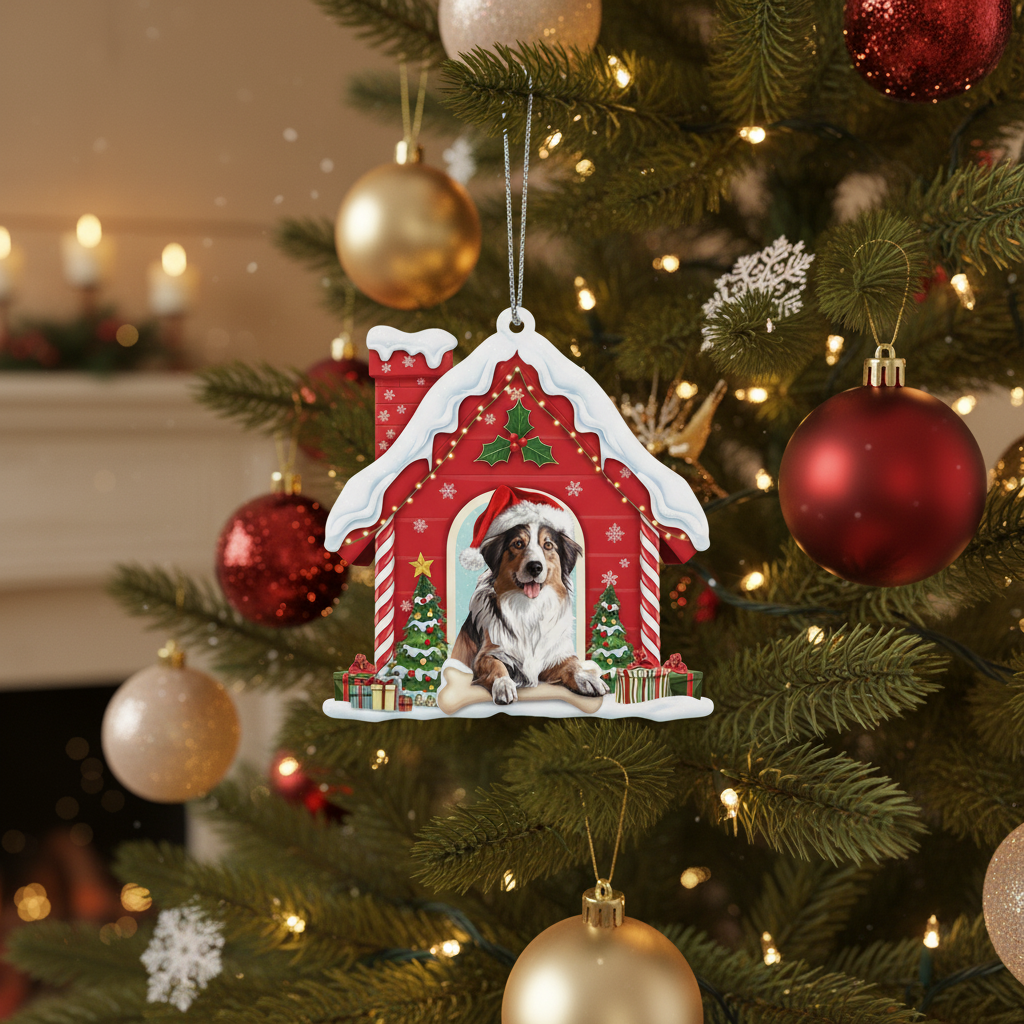 [2D FLAT ACRYLIC] Australian Shepherd Christmas Ornament 2025 | Red Aluminum Holiday Decoration for Dog Lovers