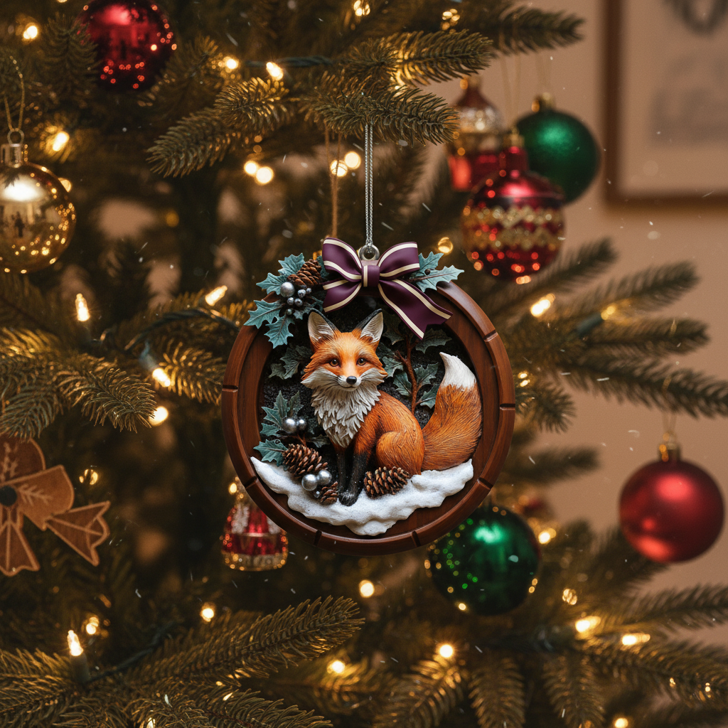 [2D FLAT ACRYLIC] Woodland Fox Christmas Ornament – Rustic or Acrylic Holiday Decor