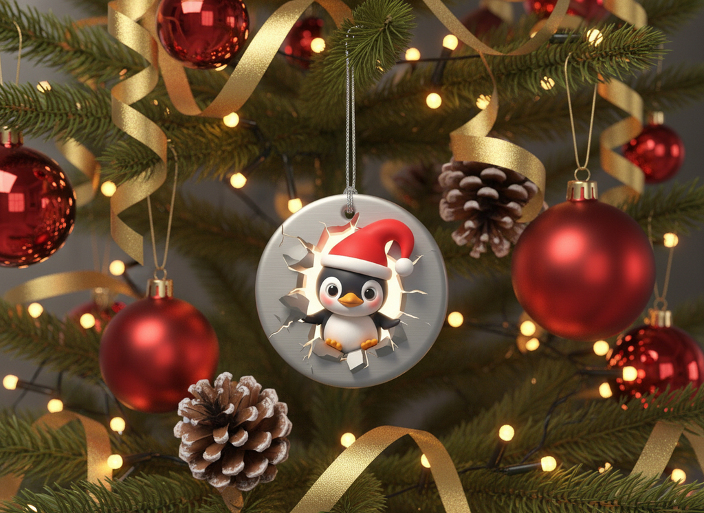 [2D FLAT ACRYLIC] Cute Penguin Christmas Ornament 2025 – Double-Sided Porcelain Holiday Decor