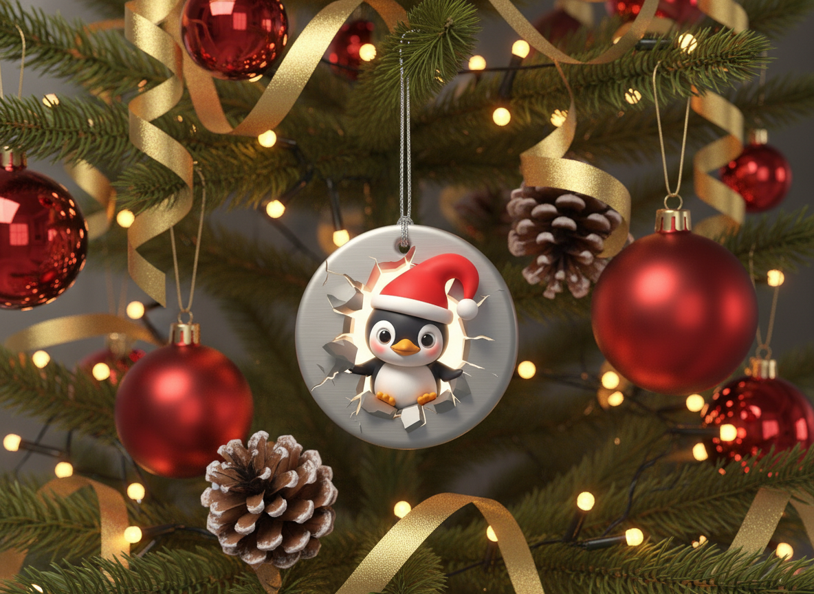 [2D FLAT ACRYLIC] Cute Penguin Christmas Ornament 2025 – Double-Sided Porcelain Holiday Decor