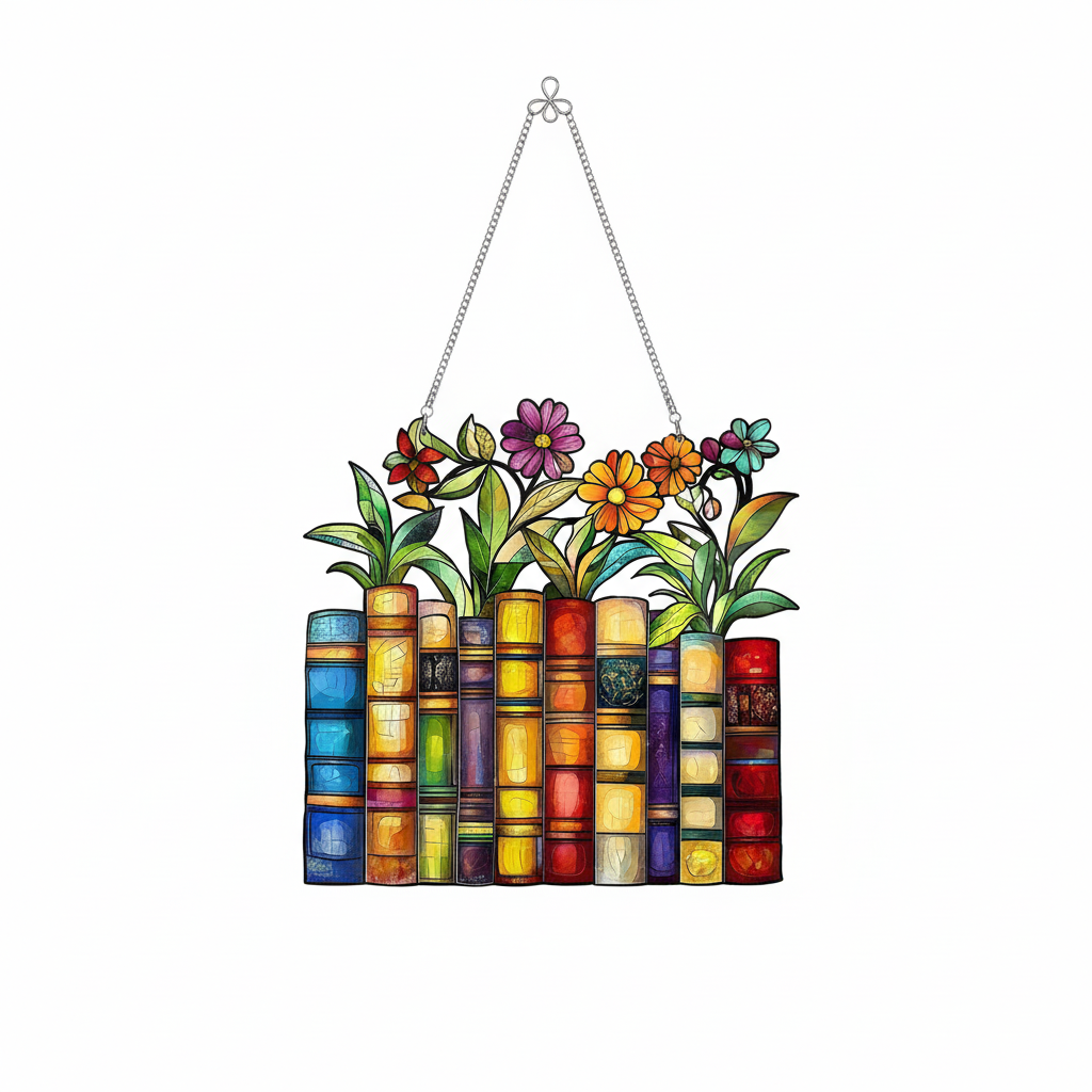 [2D FLAT ACRYLIC] Floral Book Suncatcher Ornament – Unique Acrylic Gift for Book Lovers