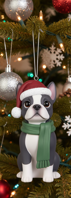 [2D FLAT ACRYLIC] Boston Terrier Christmas Ornament | Festive Dog Holiday Decor with Santa Hat