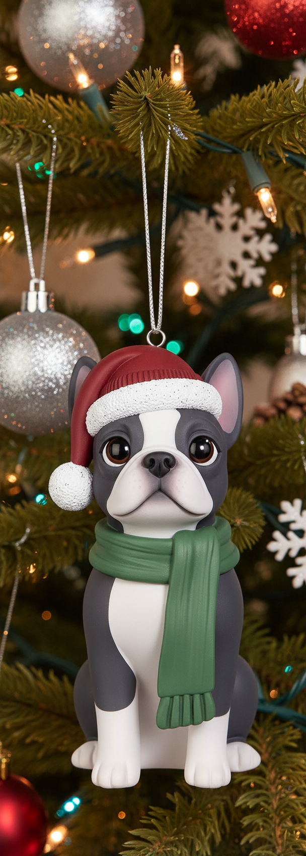 [2D FLAT ACRYLIC] Boston Terrier Christmas Ornament | Festive Dog Holiday Decor with Santa Hat