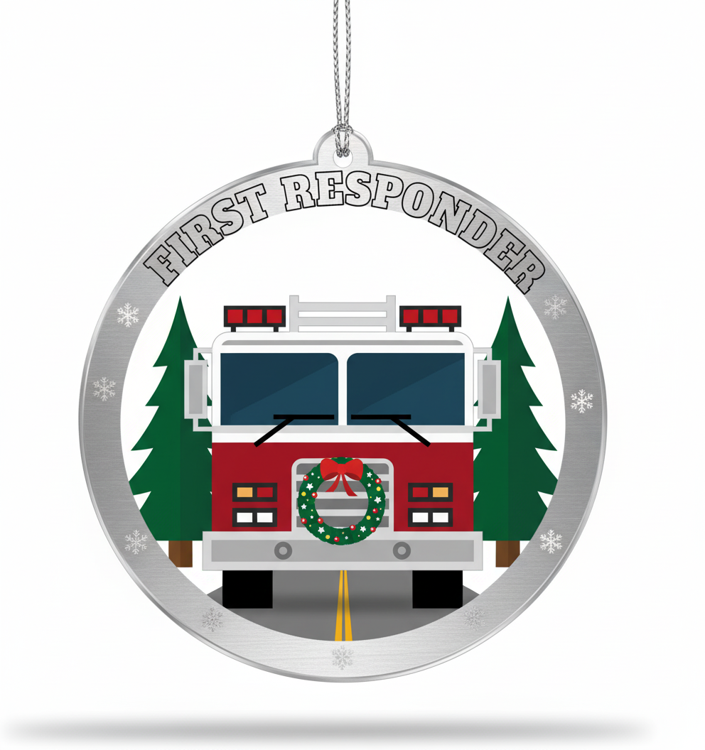 [2D FLAT ACRYLIC] Funny Fire Truck Ornament | Wooden Holiday Decor & Unique Trucker Gift