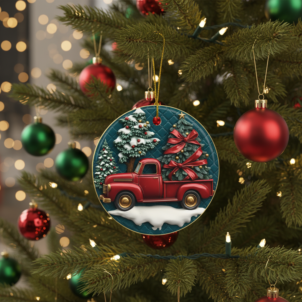 [2D FLAT ACRYLIC] Personalized Dump Truck Ornament with Santa Hat – Funny Custom Name Christmas Tree Decoration, Flat 2D Holiday Ornament Gift