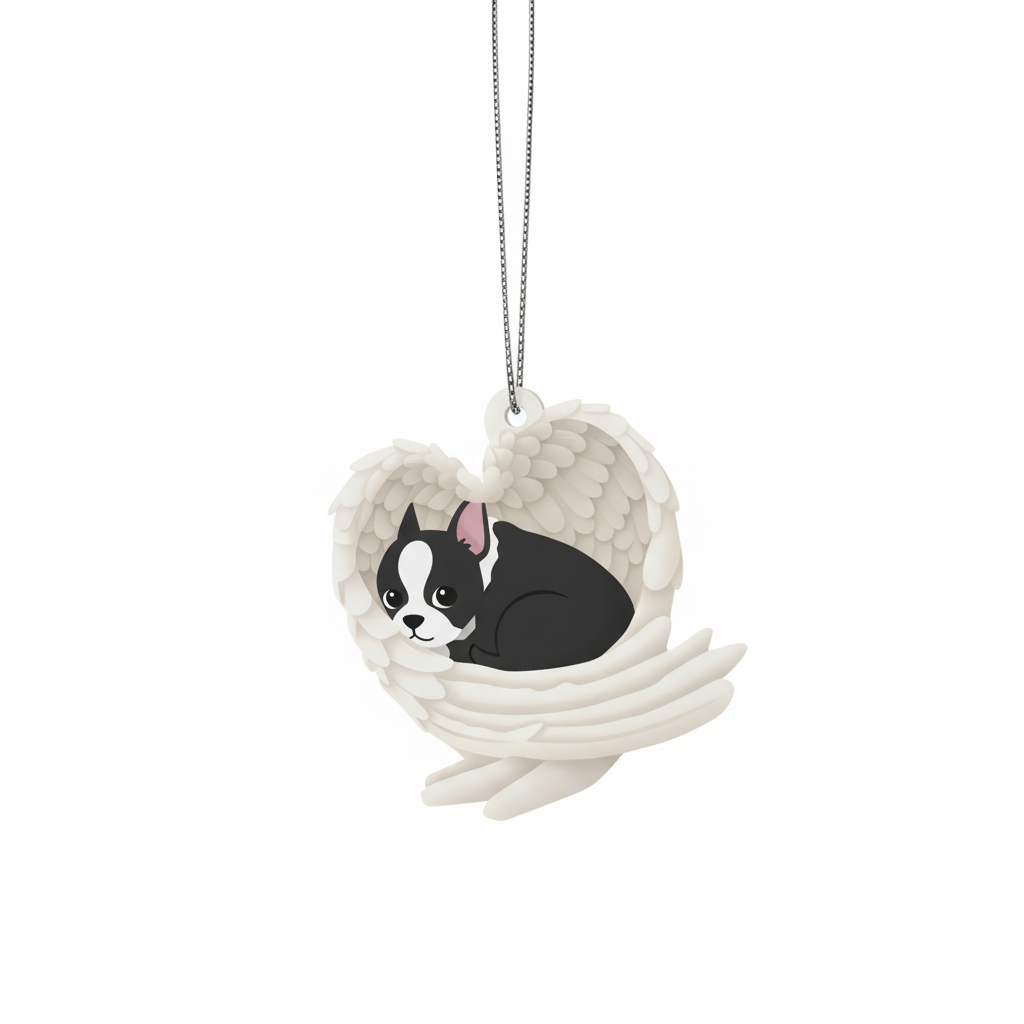 [2D FLAT ACRYLIC] Boston Terrier Angel Memorial Ornament | Sleeping Dog Christmas Keepsake Gift