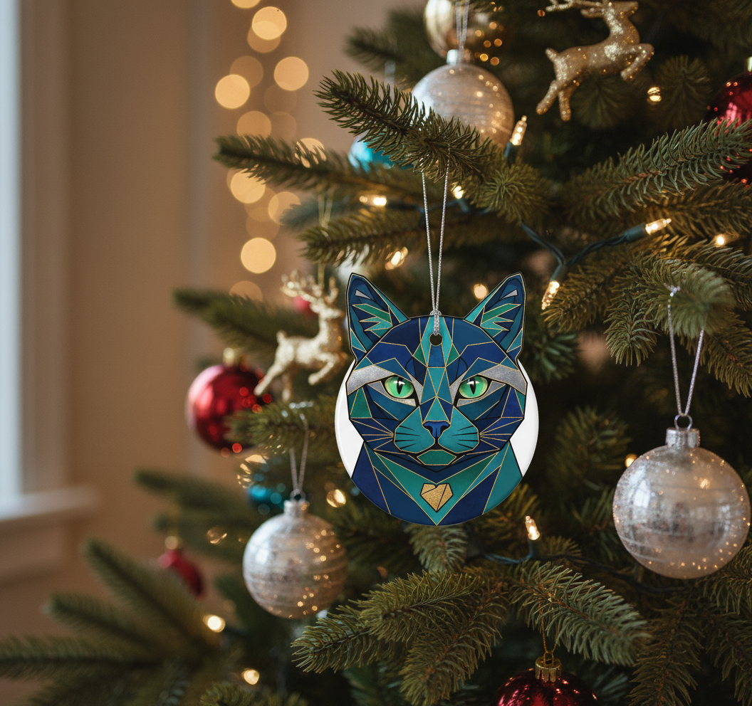 [2D FLAT ACRYLIC] Charming Tortoiseshell Cat Ornament – Faux Stained Glass Style Holiday Gift