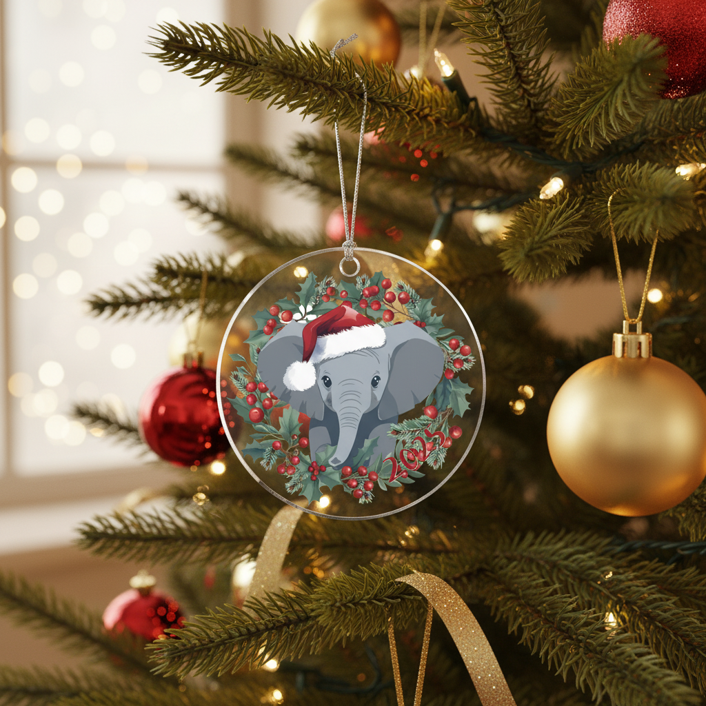 [2D FLAT ACRYLIC] Charming Elephant Christmas Ornament | Acrylic Holiday Decor & Gift for Animal Lovers