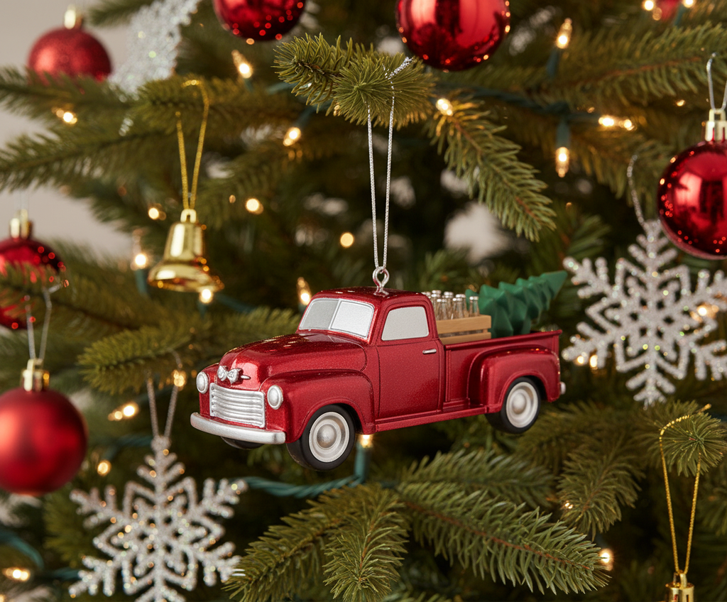 [2D FLAT ACRYLIC] Red Flatbed Truck Christmas Ornament | Rustic Holiday Decor & Trucker Gift