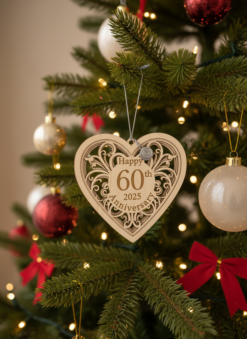 [2D FLAT ACRYLIC] 60th Anniversary Heart Ornament with 2025 Year Tag – Keepsake Gift for Couples