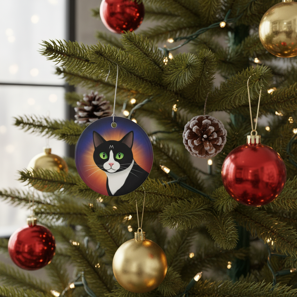 [2D FLAT ACRYLIC] Personalized Tuxedo Cat Stained Glass Ornament – Double-Sided Ceramic Holiday Decor