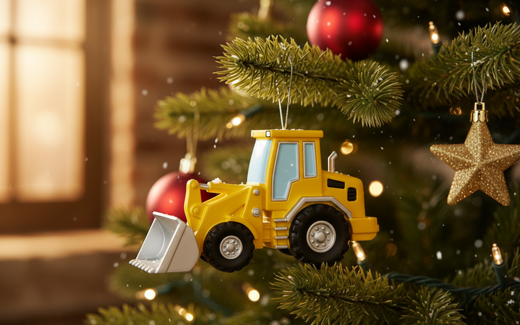 [2D FLAT ACRYLIC] Yellow Backhoe Christmas Ornament 2025 | Construction Holiday Decor & Truck Gift