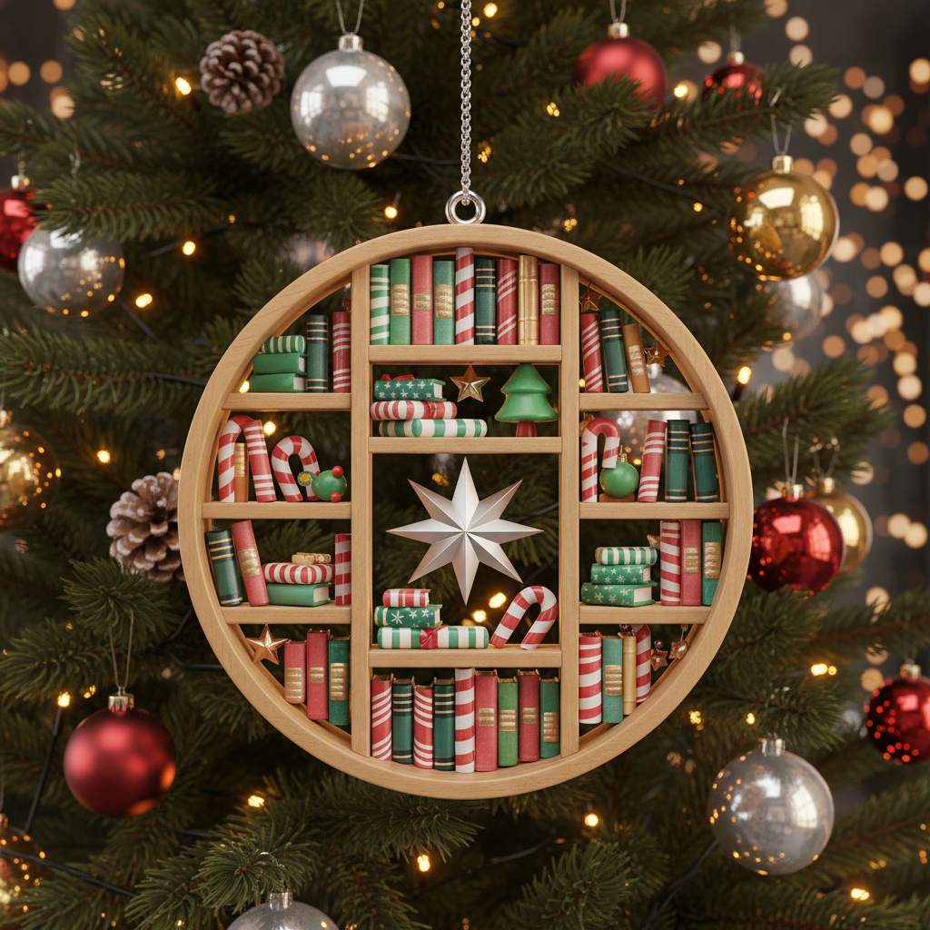 [2D FLAT ACRYLIC] Book Lover Christmas Ornament – Ceramic Bookshelf Decoration for Readers & Librarians