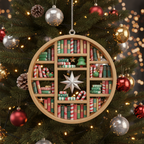 [2D FLAT ACRYLIC] Book Lover Christmas Ornament – Ceramic Bookshelf Decoration for Readers & Librarians