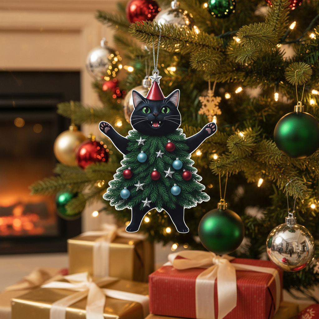 [2D FLAT ACRYLIC] Adorable Black Cat Christmas Ornament | Festive Holiday Decor & Unique Gift for Cat Lovers