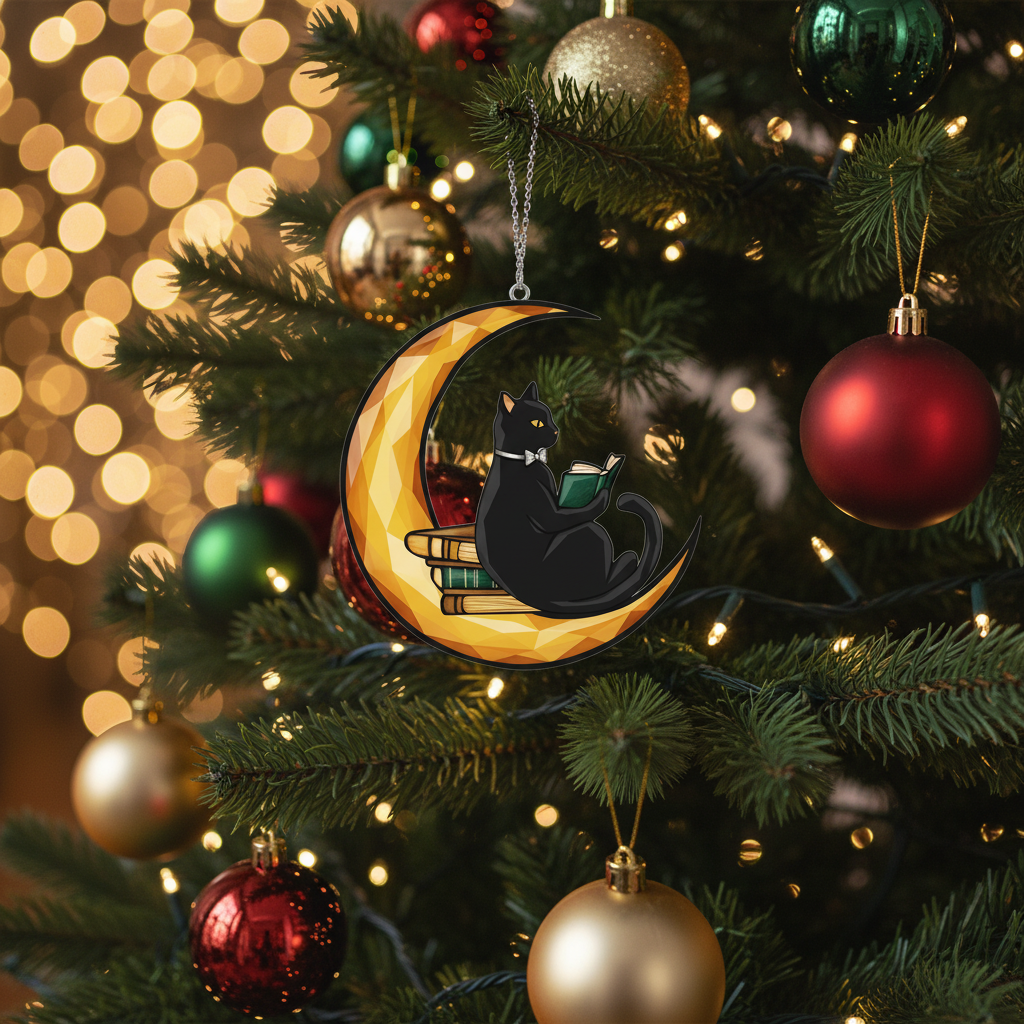 [2D FLAT ACRYLIC] Cat Reading on Moon Suncatcher – Acrylic Window Hanging for Book Lovers