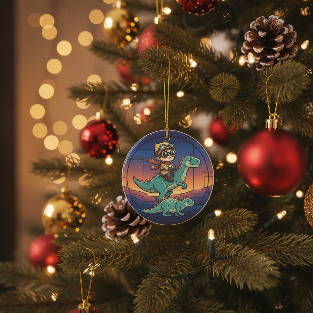 [2D FLAT ACRYLIC] Funny Jesus Riding Dinosaur Ornament with Faux Stained Glass Design