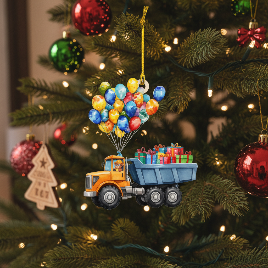 [2D FLAT ACRYLIC] Personalized Trucker Christmas Ornament with Vintage Red Truck | Custom Name & Year Trucker Gift