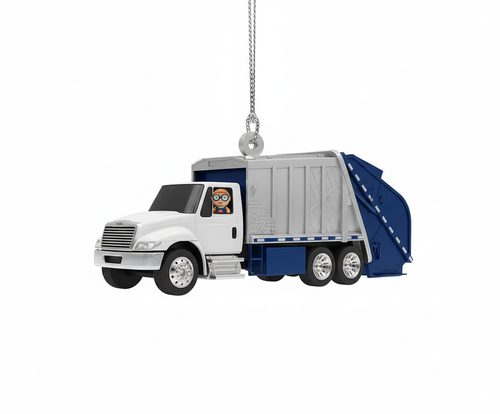 White and blue garbage truck ornament with a driver figure inside.