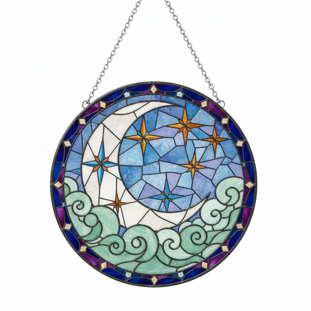 [2D FLAT ACRYLIC] Celestial Moon and Star Suncatcher – Handmade Stained Glass Window Decor