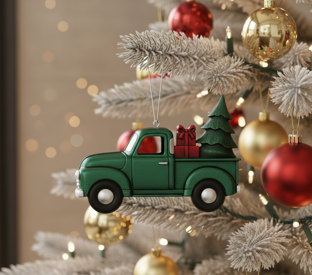 [2D FLAT ACRYLIC] Blue Metal Truck Christmas Ornament | Vintage Holiday Decor & Trucker Gift