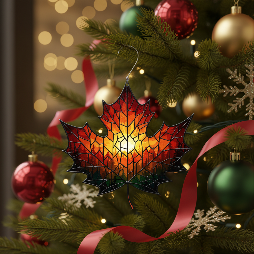 [2D FLAT ACRYLIC] Stained Glass Style Maple Leaf Suncatcher – Autumn & Christmas Holiday Ornament