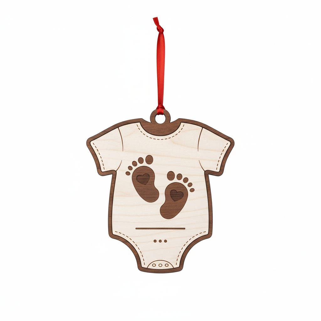 [2D FLAT ACRYLIC] Baby's First Christmas Onesie Ornament - Engraved Wood Footprints Keepsake