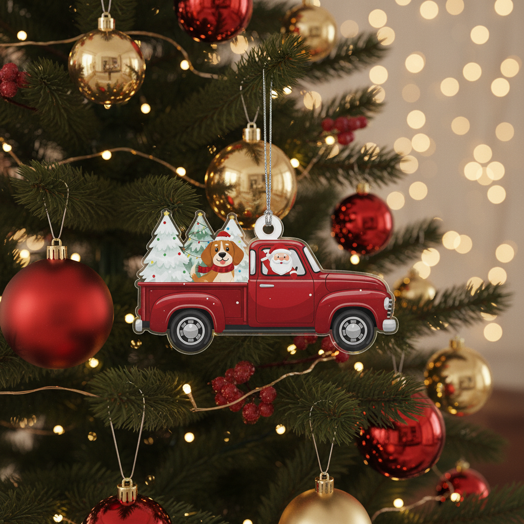 [2D FLAT ACRYLIC] Boston Terrier in Red Truck Christmas Ornament | Dog Lover Holiday Decor & Car Charm