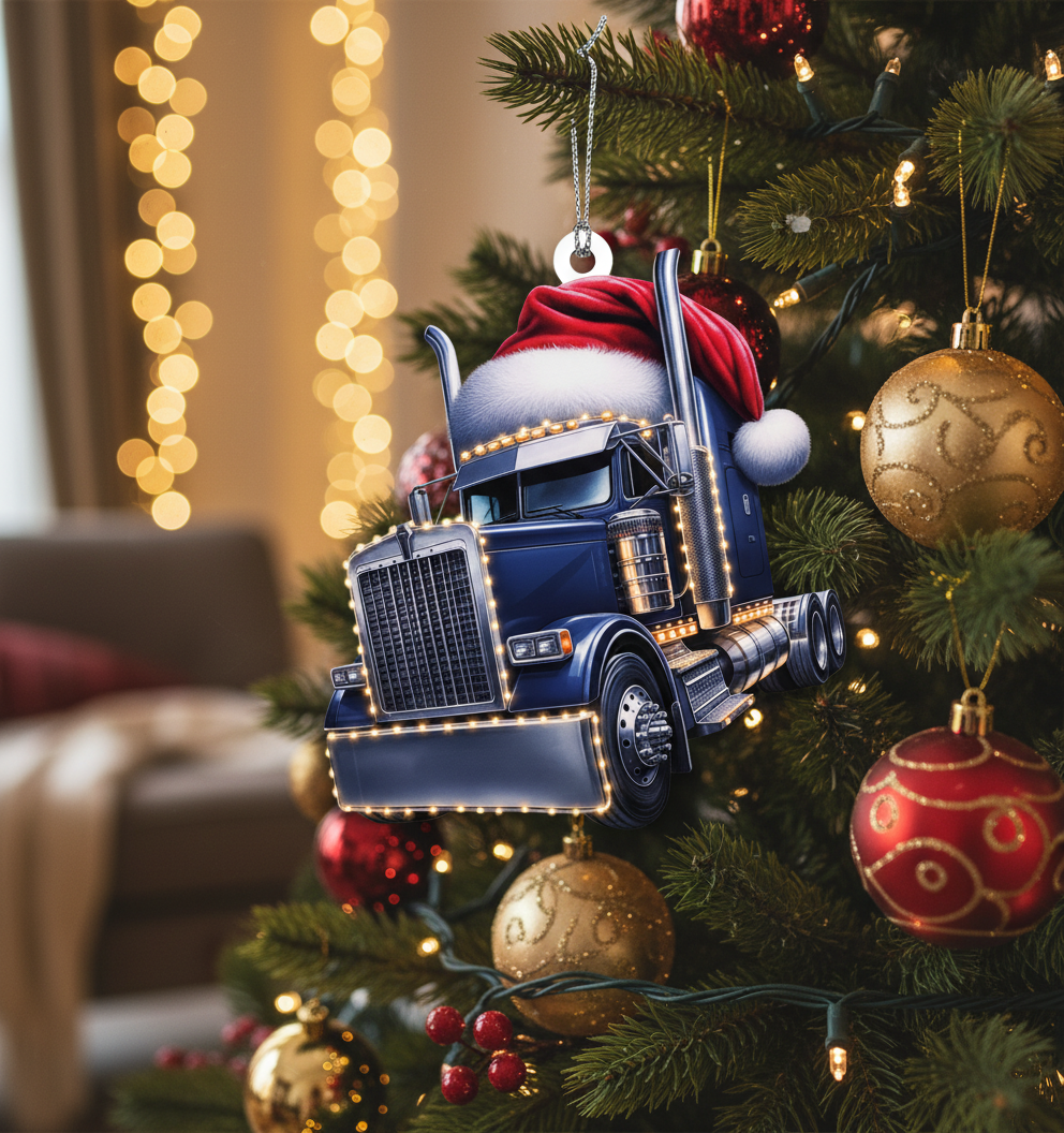 [2D FLAT ACRYLIC] Big Rig Santa Christmas Ornament | Unique Holiday Decor & Trucker Gift