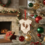 [2D FLAT ACRYLIC] Baby's First Christmas Onesie Ornament - Engraved Wood Footprints Keepsake