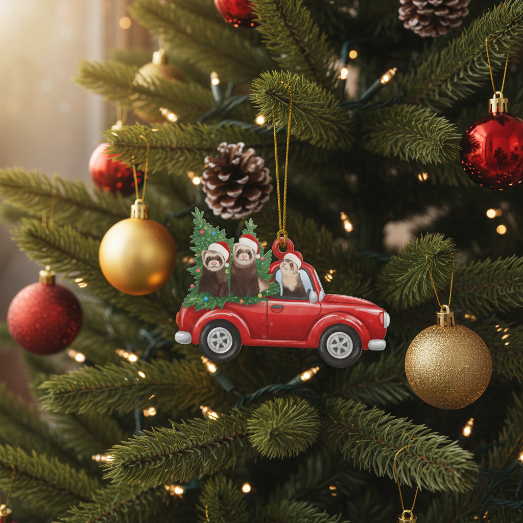 [2D FLAT ACRYLIC] Cute Ferret Red Truck Christmas Ornament – Holiday Decor & Pet Lover Gift