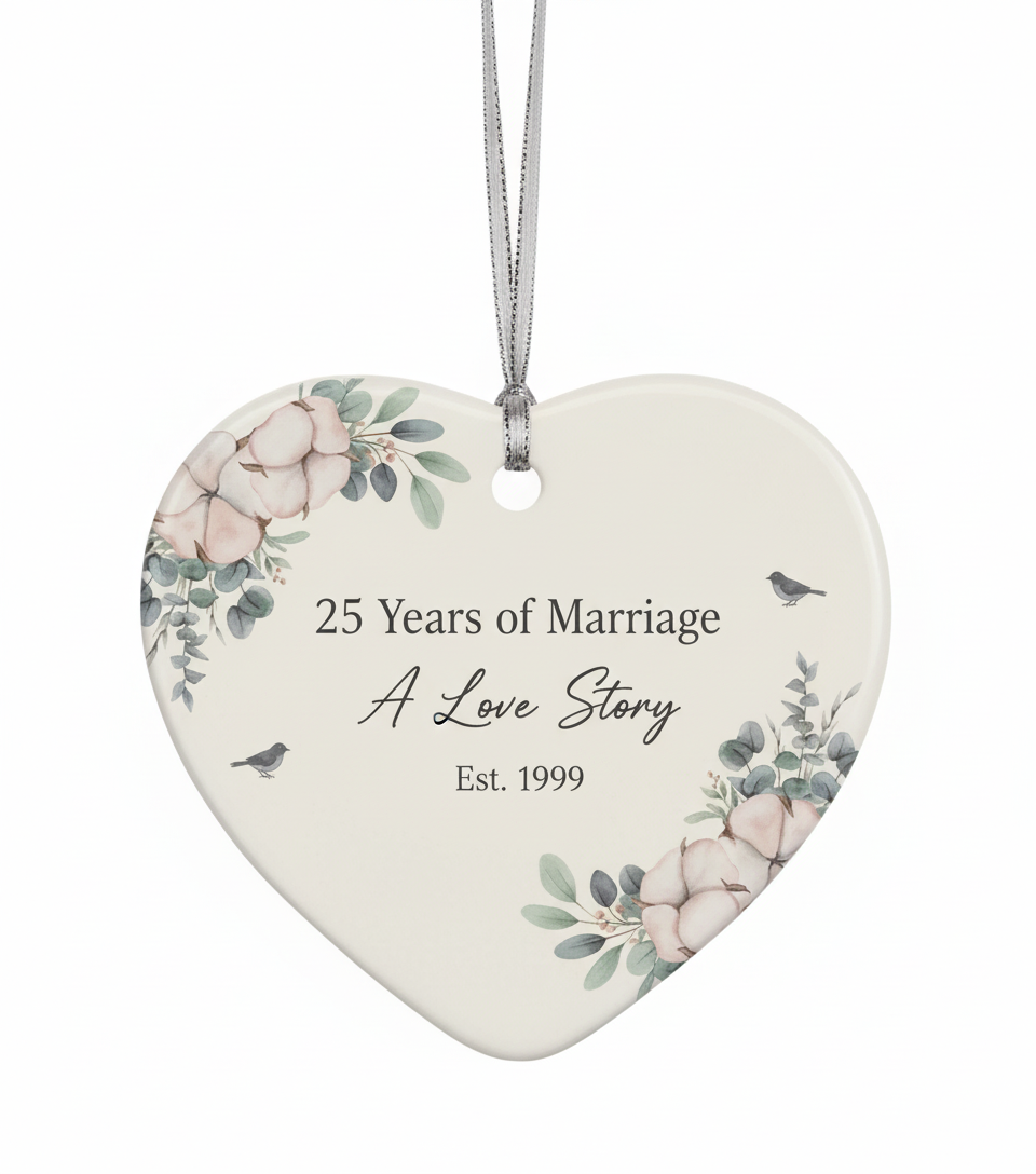 [2D FLAT ACRYLIC] 25th Silver Anniversary Ceramic Ornament – Heart Keepsake Gift for Couples