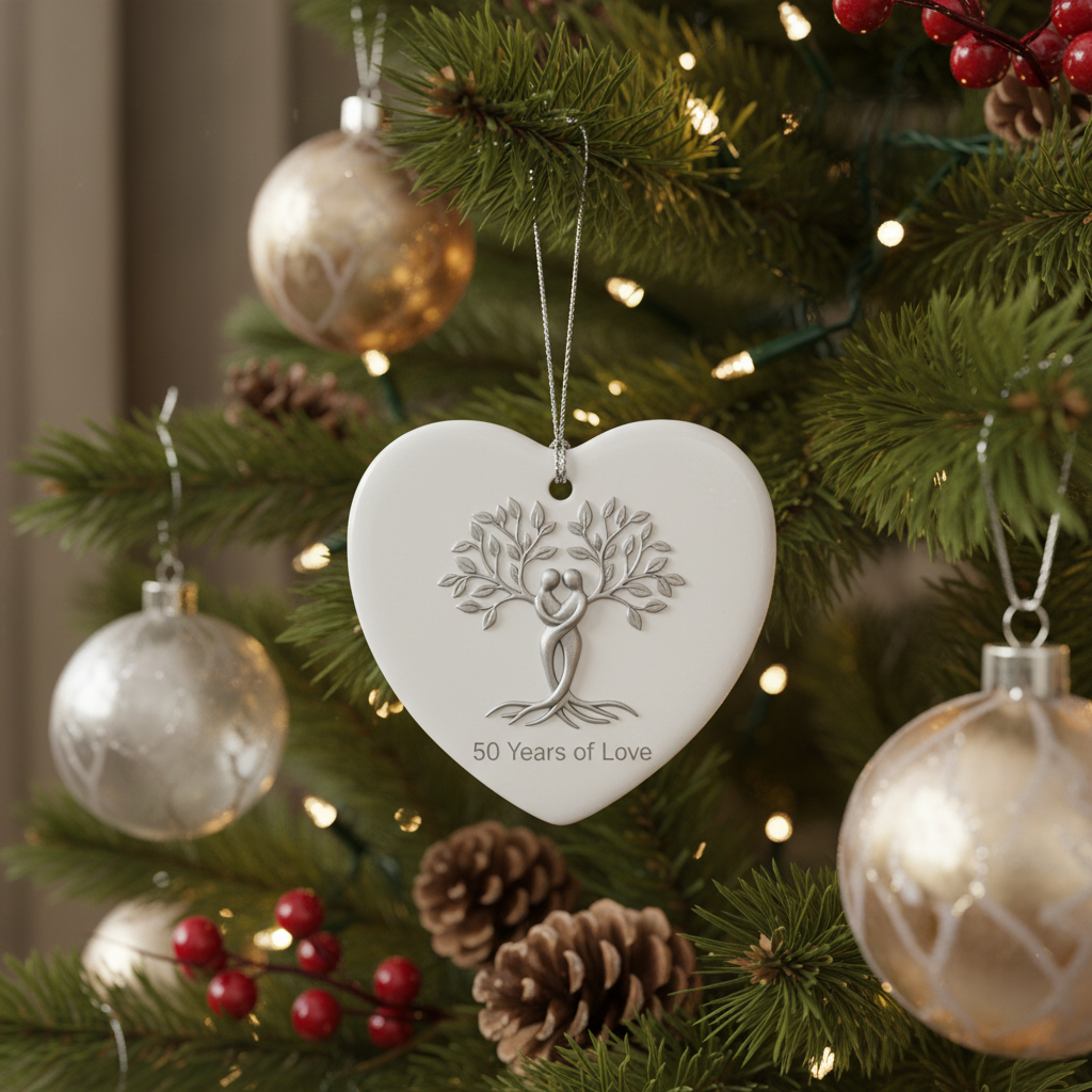 [2D FLAT ACRYLIC] 50th Wedding Anniversary Gift – Heart-Shaped Ceramic Keepsake Ornament for Couples