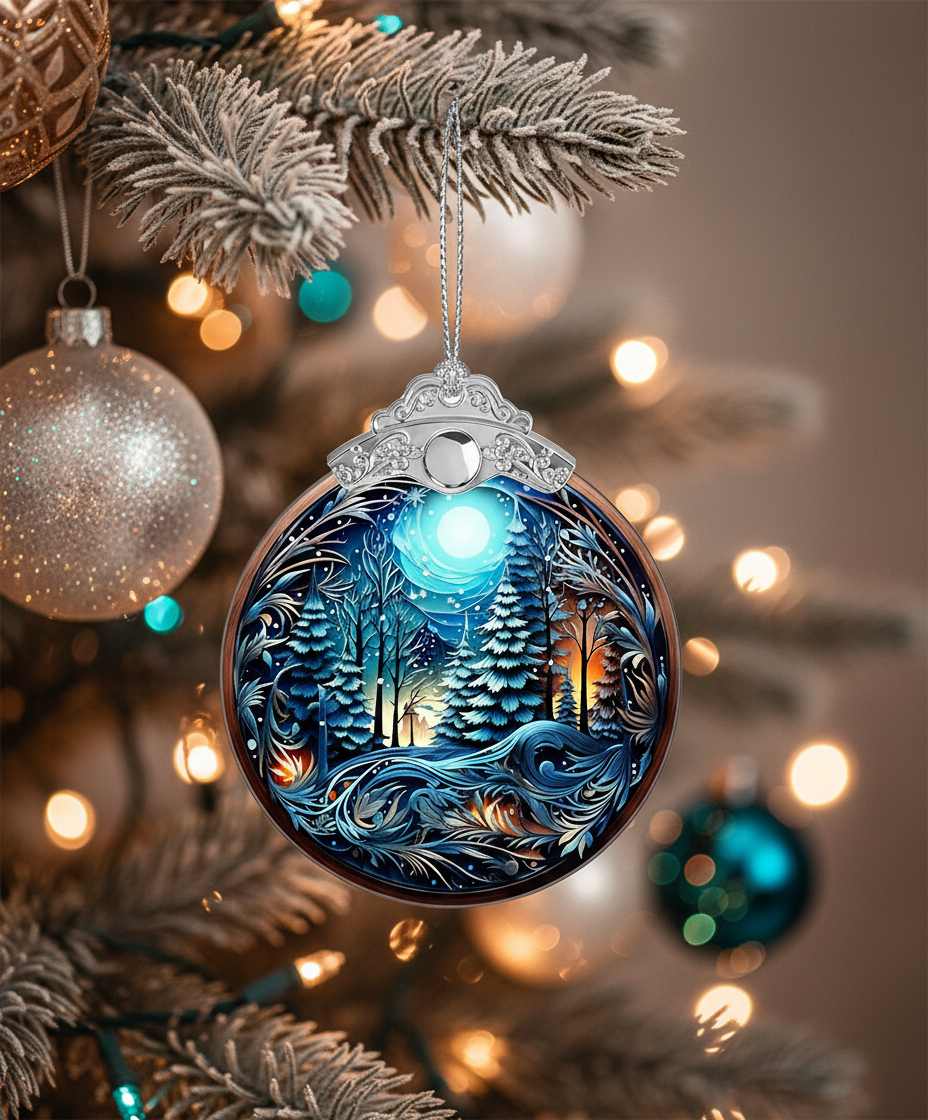 [2D FLAT ACRYLIC] Winter Forest Christmas Ornament | Moonlight Snow Scene Decoration | Elegant Holiday Ornament 2025