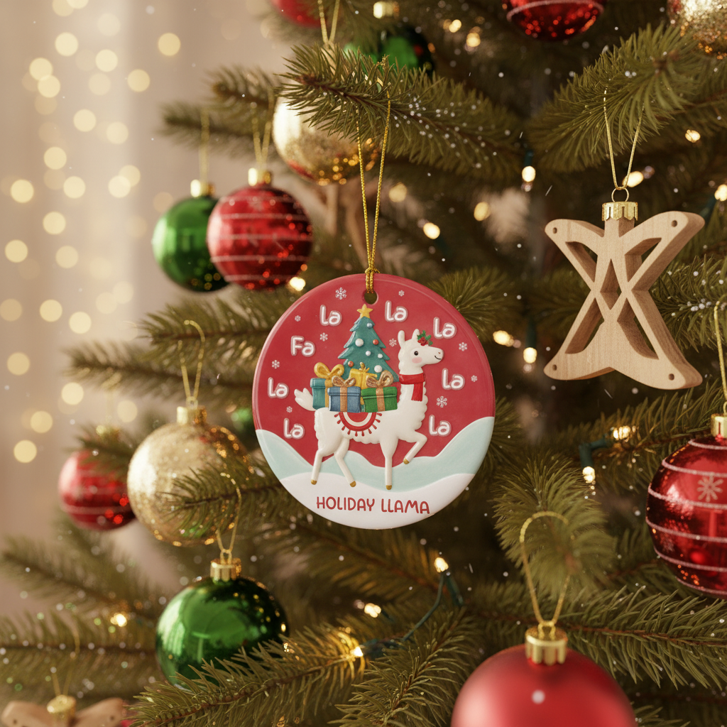 [2D FLAT ACRYLIC] Adorable Llama Christmas Ornament | Ceramic Keepsake Gift & Holiday Decor