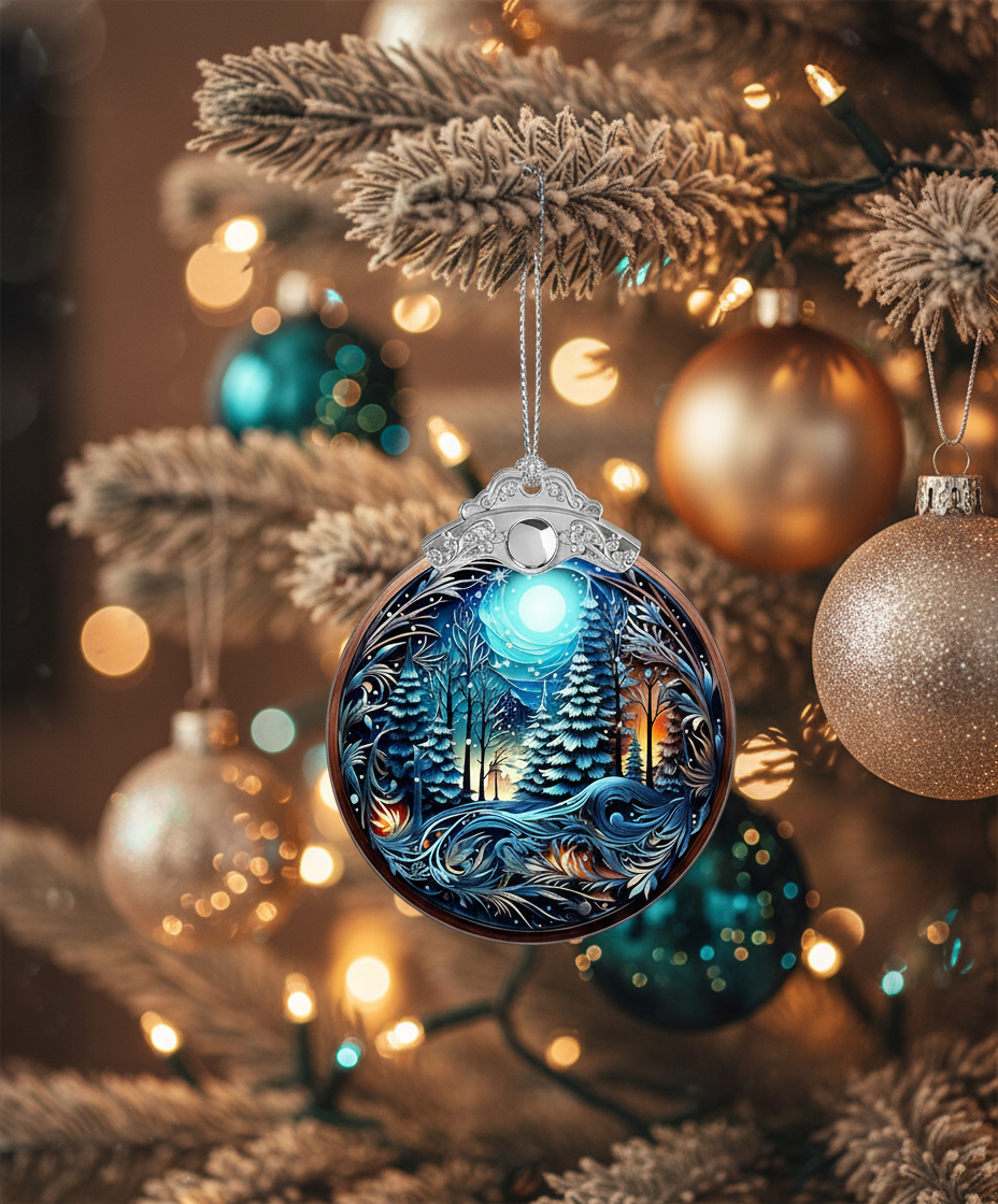 [2D FLAT ACRYLIC] Winter Forest Christmas Ornament | Moonlight Snow Scene Decoration | Elegant Holiday Ornament 2025