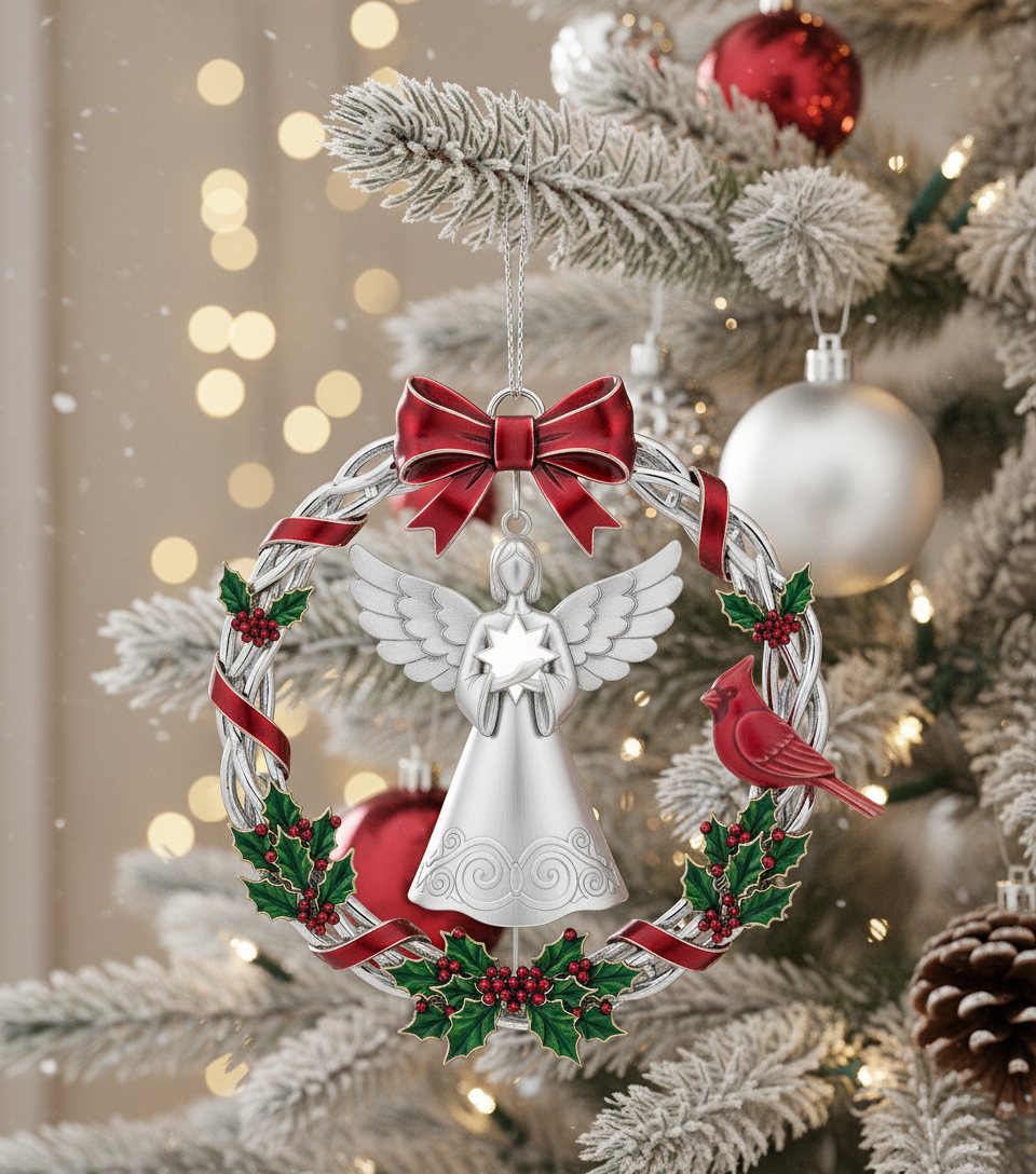 [2D FLAT ACRYLIC] 2025 Christmas Wreath Ornament with Spinning Angel – Metal Holiday Keepsake