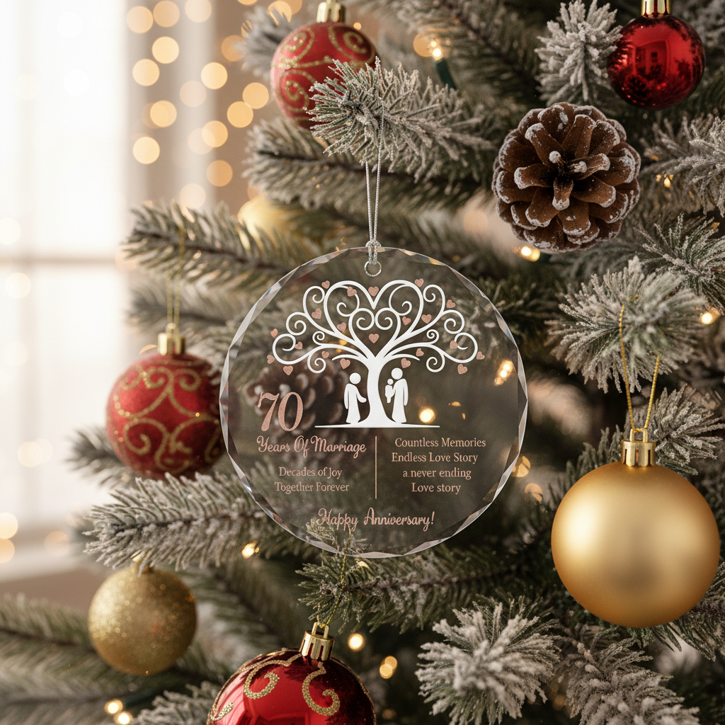 [2D FLAT ACRYLIC] 70th Platinum Wedding Anniversary Glass Ornament – Keepsake Gift for Parents & Couples
