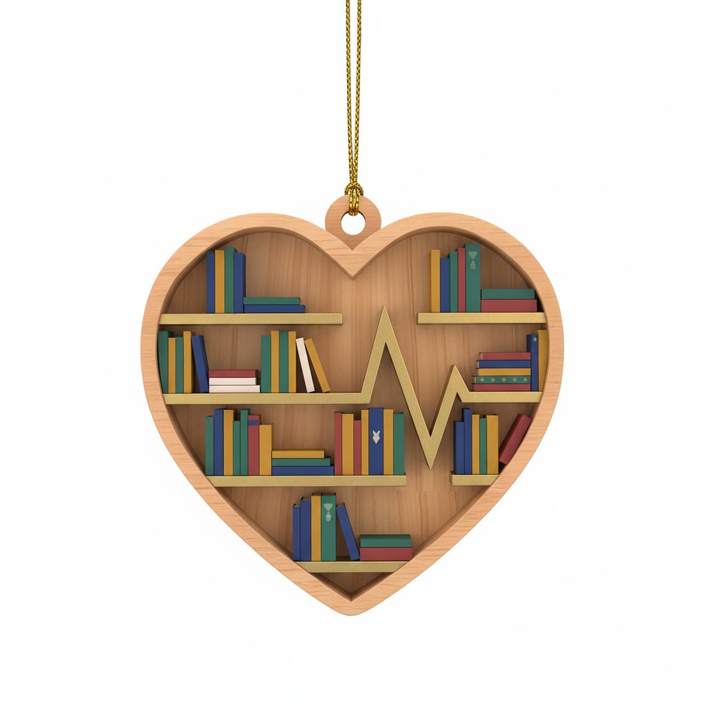 [2D FLAT ACRYLIC] Bookshelf Heart Ornament – Charming Gift for Book Lovers & Readers