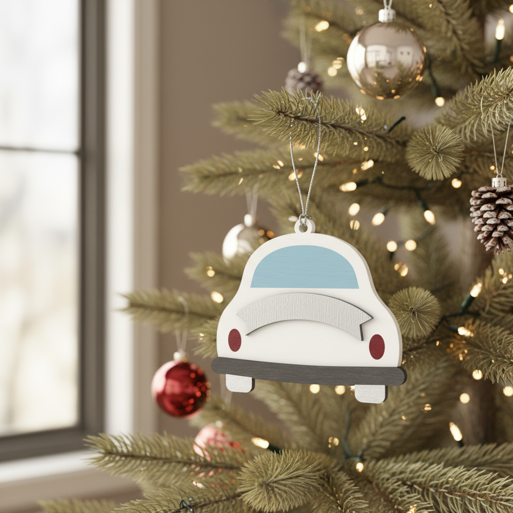 [2D FLAT ACRYLIC] Classic Car Christmas Ornament | White Car Holiday Decoration | Vintage Auto Gift 2025