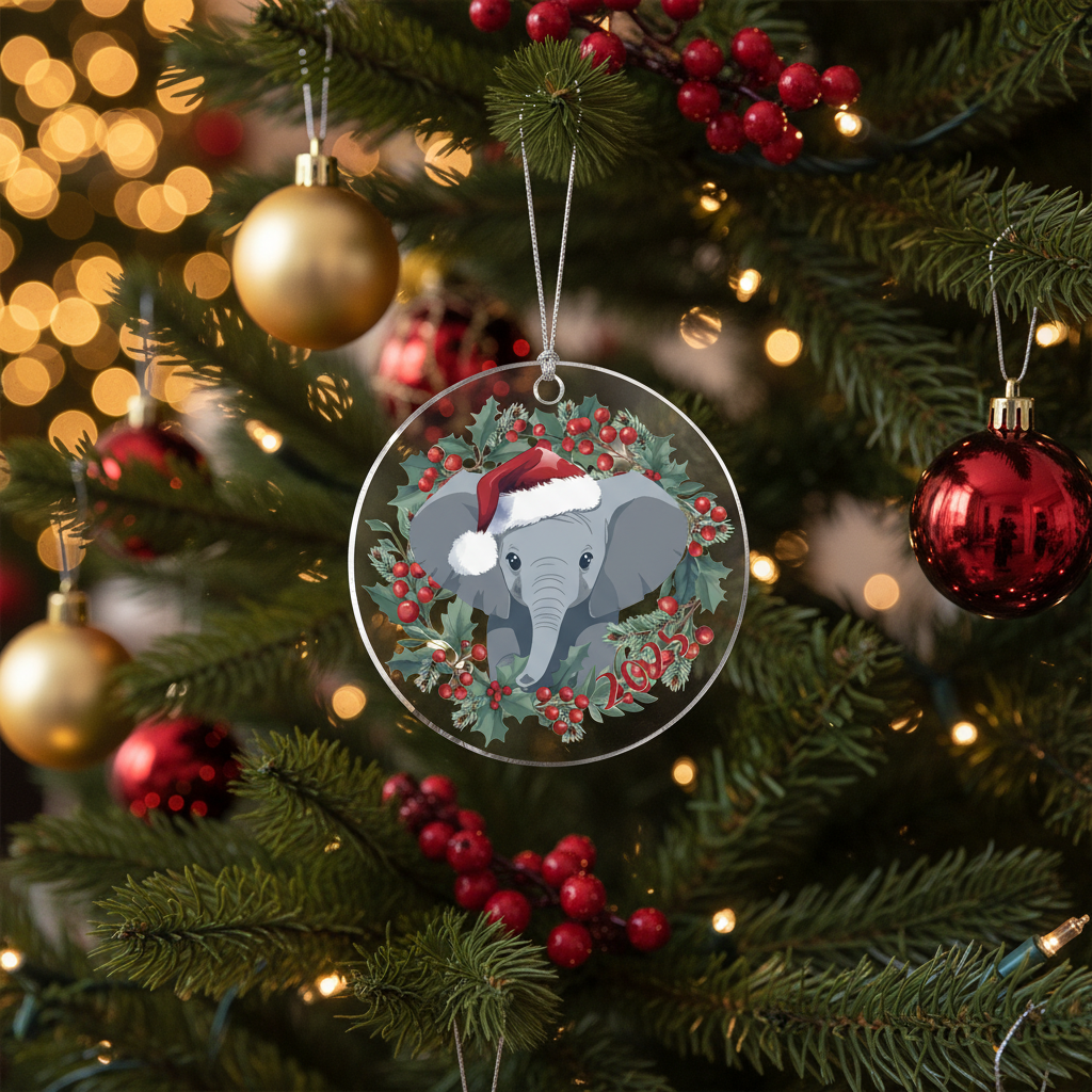 [2D FLAT ACRYLIC] Charming Elephant Christmas Ornament | Acrylic Holiday Decor & Gift for Animal Lovers