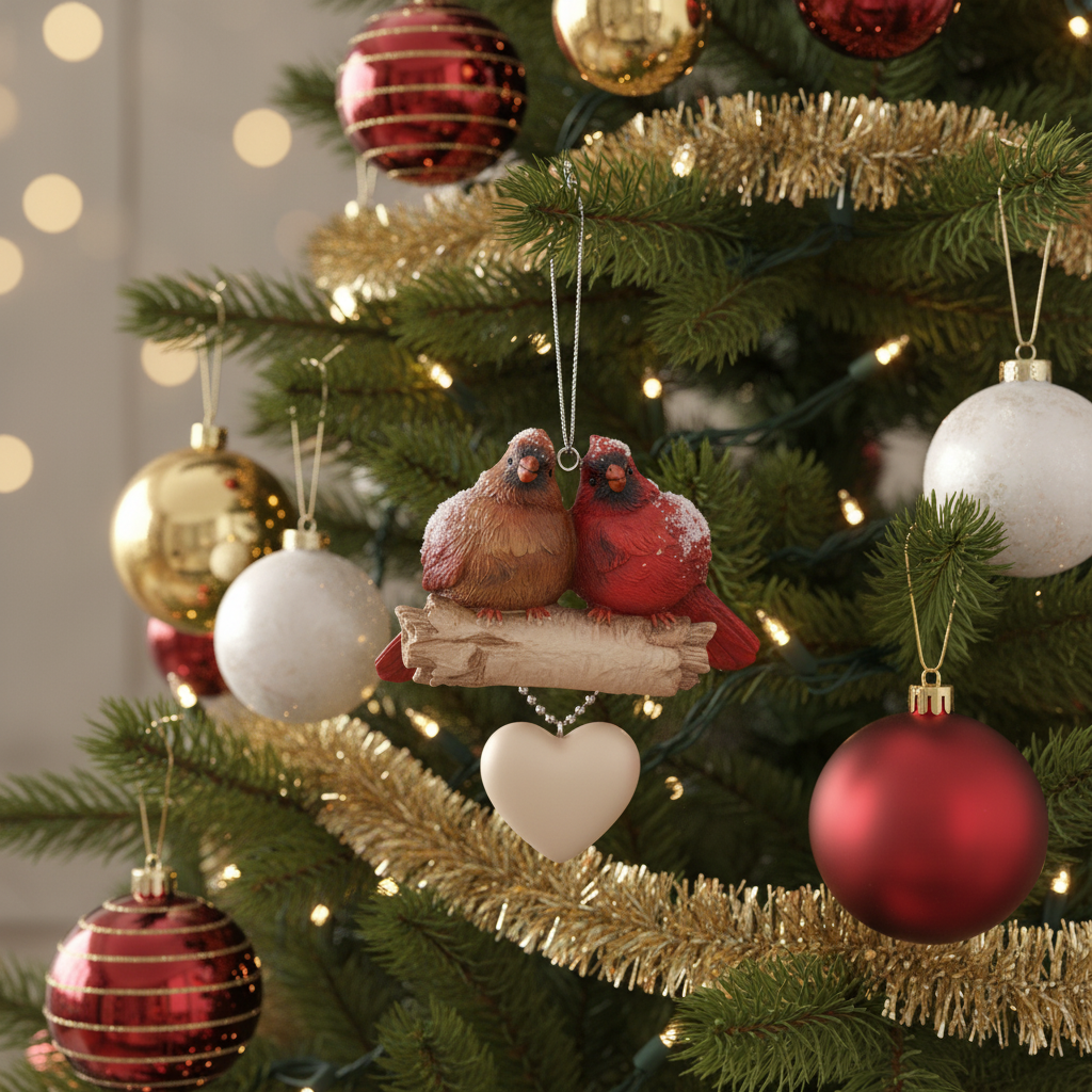 [2D FLAT ACRYLIC] Cardinal Couple with Heart Ornament - Personalized Memorial Keepsake