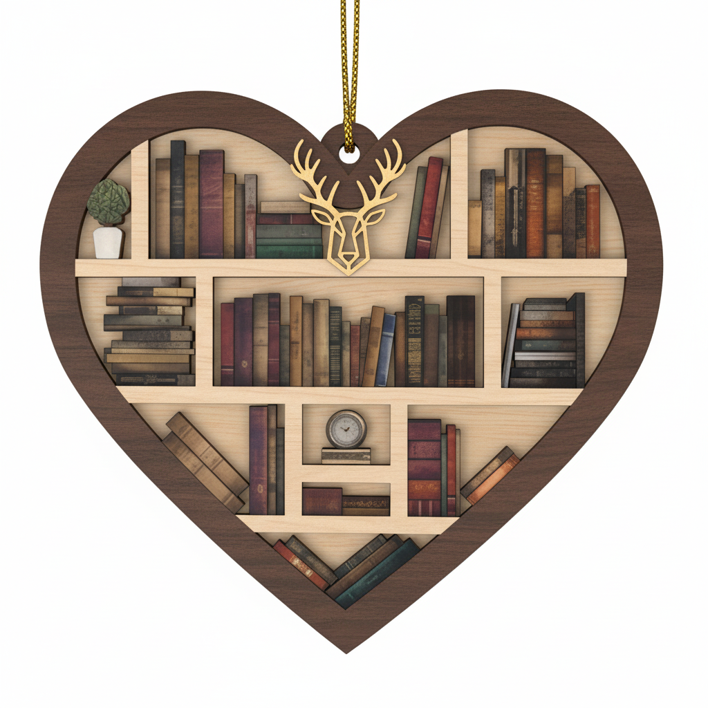 [2D FLAT ACRYLIC] Bookshelf Heart Christmas Ornament – Unique 2-Layer Gift for Book Lovers & Readers