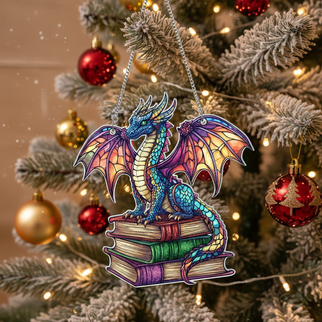 [2D FLAT ACRYLIC] Book Dragon Window Hanging Ornament – Fantasy Gift for Book Lovers
