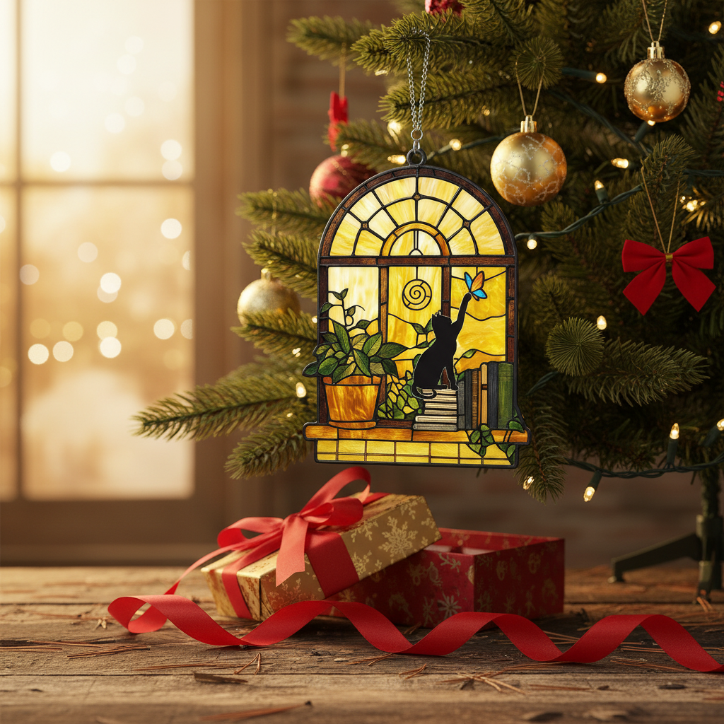 [2D FLAT ACRYLIC] Black Cat and Book Suncatcher Ornament – Stained Glass Style Window Hanging for Book Lovers
