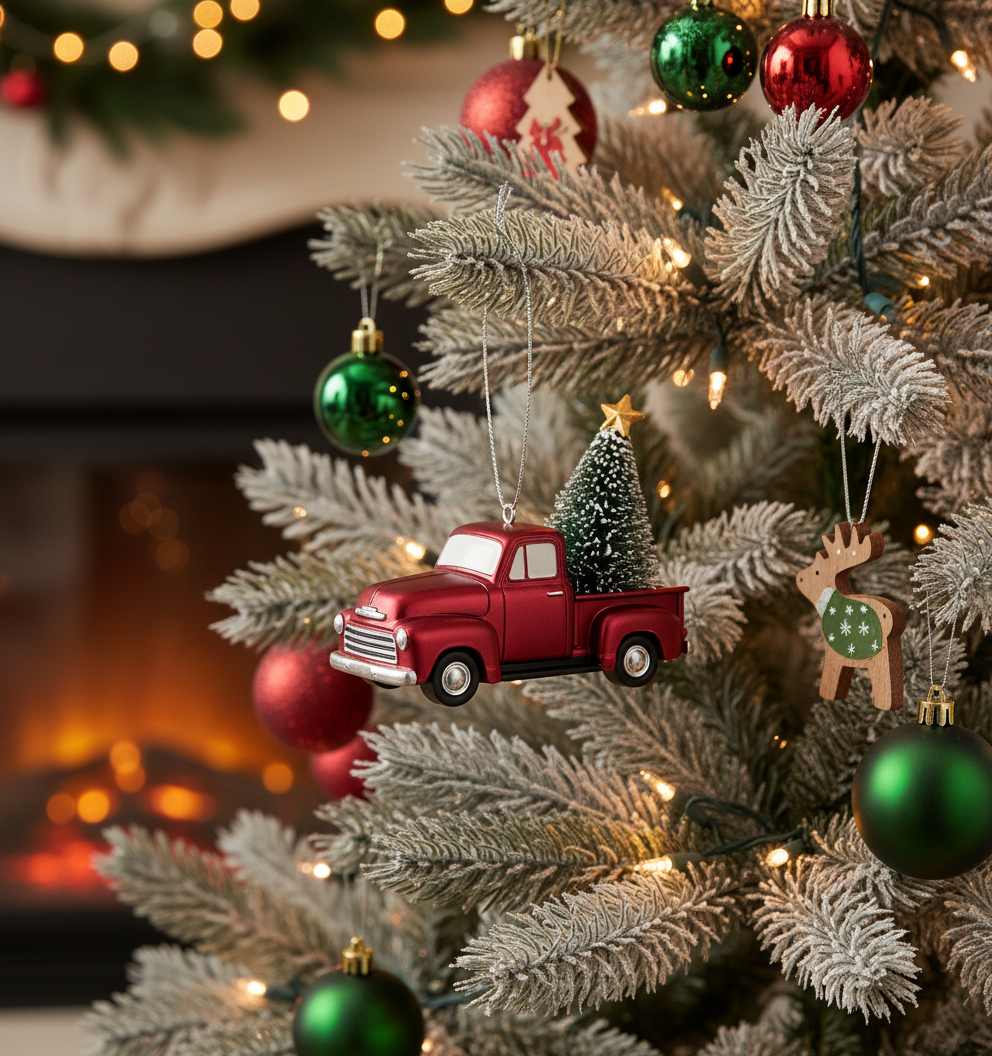 [2D FLAT ACRYLIC] Vintage Car & Red Truck Christmas Ornament | Classic Holiday Decor