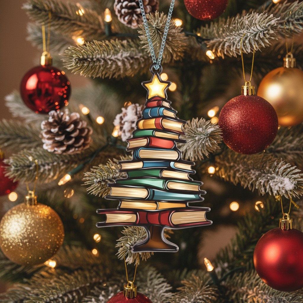 [2D FLAT ACRYLIC] Christmas Book Tree Suncatcher Ornament – Unique Holiday Gift for Book Lovers