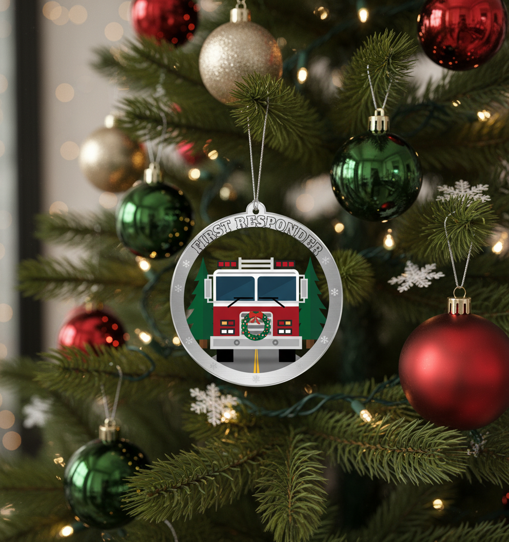 [2D FLAT ACRYLIC] Funny Fire Truck Ornament | Wooden Holiday Decor & Unique Trucker Gift