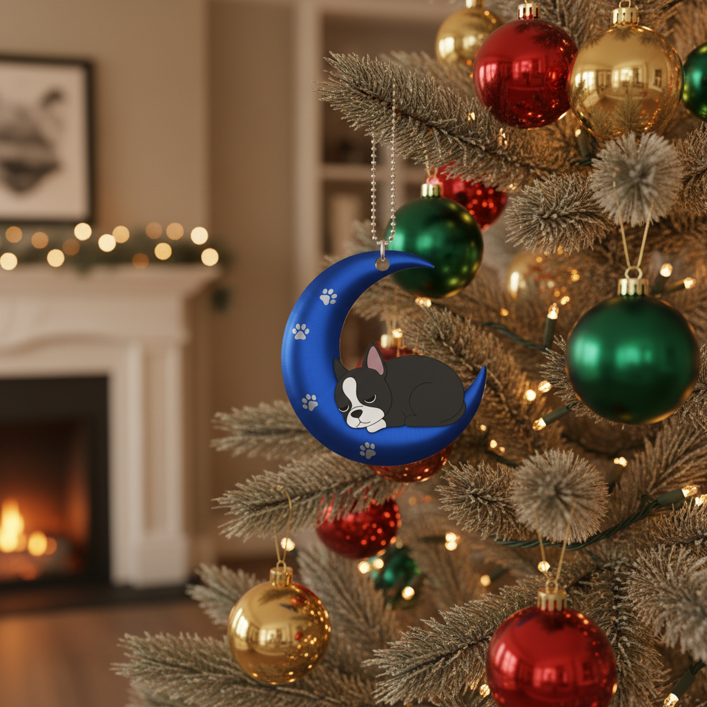 [2D FLAT ACRYLIC] Boston Terrier 'Love You to The Moon' Christmas Ornament | Dog Lover Gift